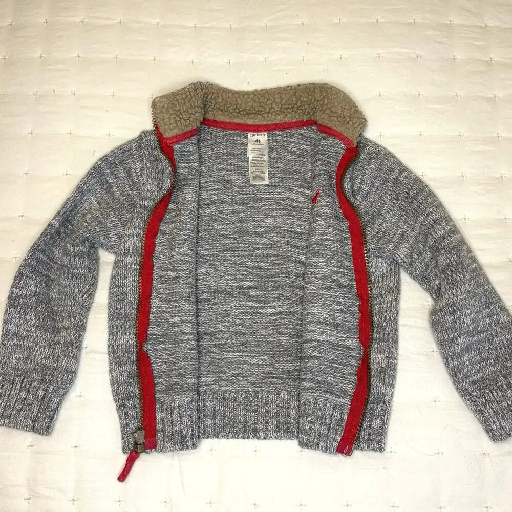 Carter's Zip Up Cardigan Sweater Boys 4T Gray Marled Knit Reindeer Embroidery